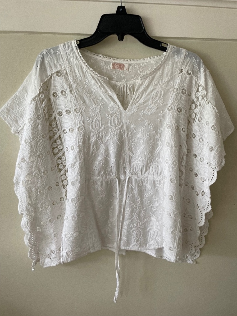 Boho White Eyelet Embroidered Lace Poncho Kaftan Blouse Top l size S